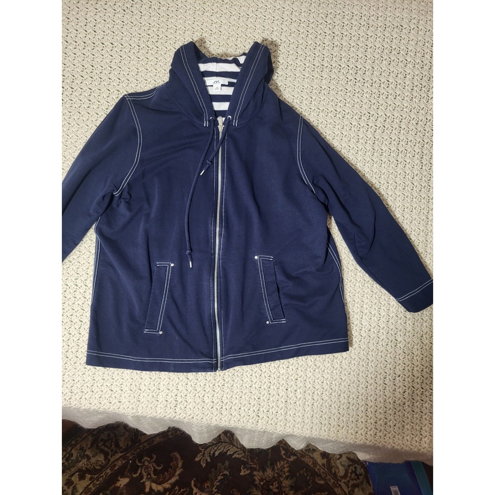 Anne Klein Sport Womens 1X Navy Blue Contrast Stitch Zip Up Hoodie Jacket